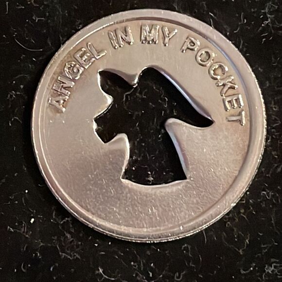 1” silver tone round coin w/Angel shape cut out “Angel in my pocket” - Picture 6 of 12